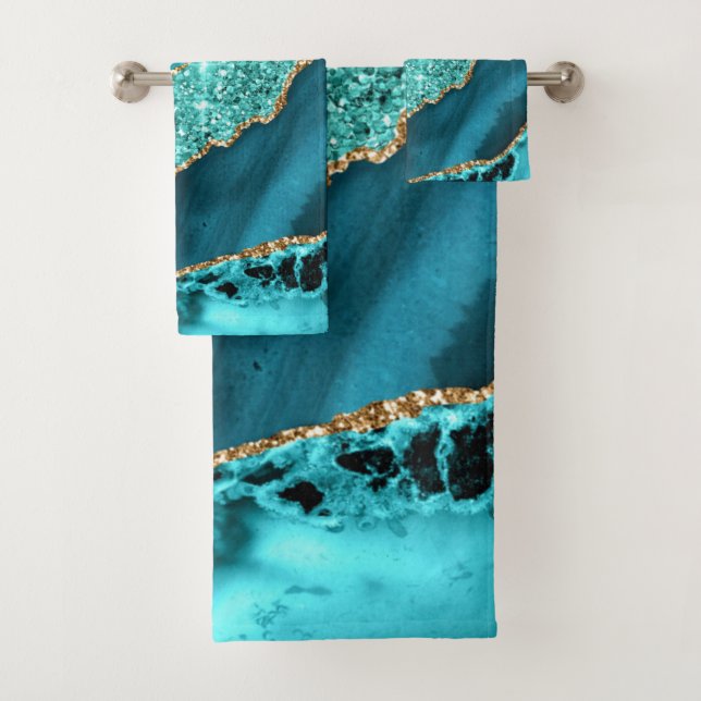 Teal Blue Gold Glitter Turquoise Bath Towel Set (Insitu)