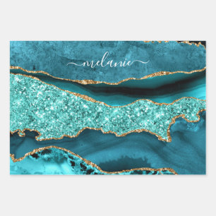 Teal Blue Gold Glitter Turquoise Custom Name Wrapping Paper Sheet