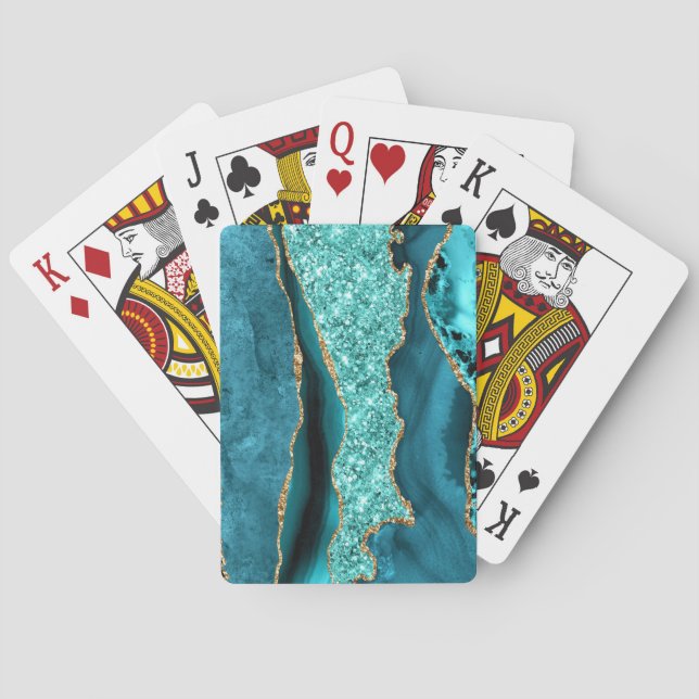 Teal Blue Gold Glitter Turquoise Playing Cards (Back)