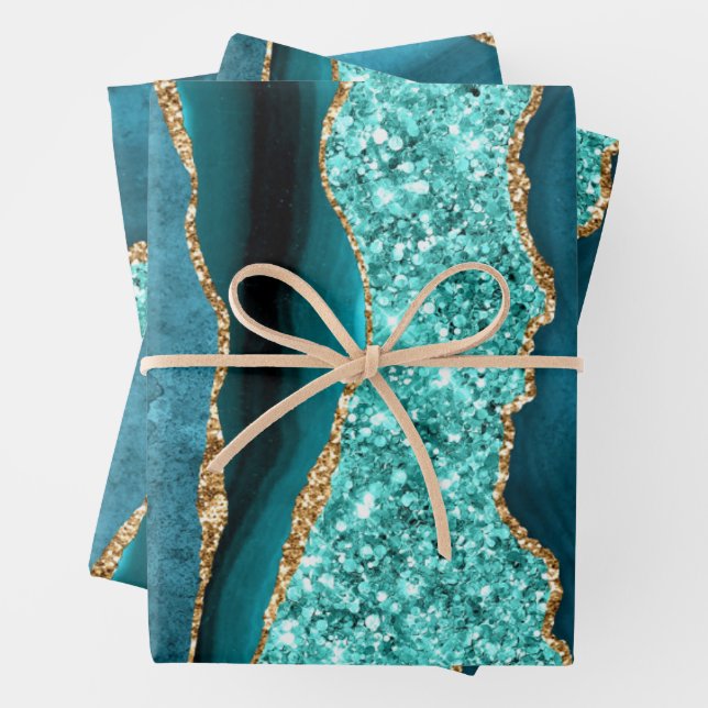 Teal Blue Gold Glitter Wrapping Paper Sheets (In situ)