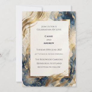 Teal Blue Gold Leaf Botanical Wedding Invitation