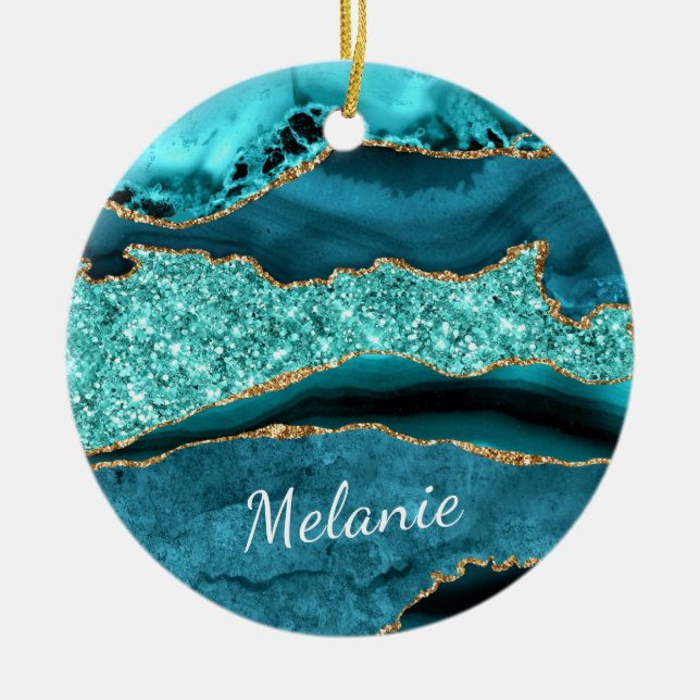 Teal Blue Gold Marble Aqua Turquoise Custom Name Ceramic Ornament (Front)