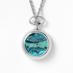 Teal Blue Gold Marble Aqua Turquoise Watch