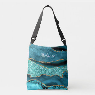 Teal Blue Gold Marble Cusrom Name Crossbody Bag