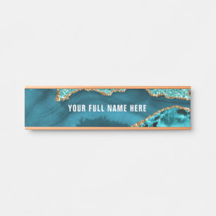 Teal Blue Gold Marble Custom Name Door Sign