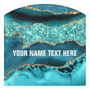 Teal Blue Gold  Marble Custom Name Door Sign