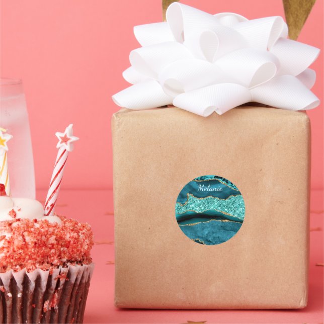 Teal Blue Gold Marble Custom Name Gift Sticker (Party)