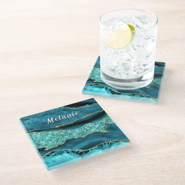  Teal Blue Gold Marble Custom Name Glass Coaster (Angled)