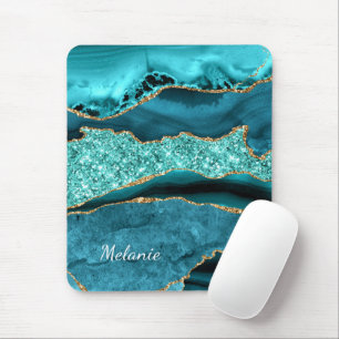 Teal Blue Gold Marble Custom Name Mouse Pad