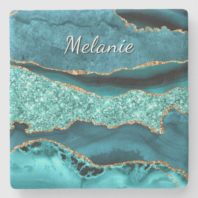 Teal Blue Gold Marble Custom Name Stone Coaster (Front)