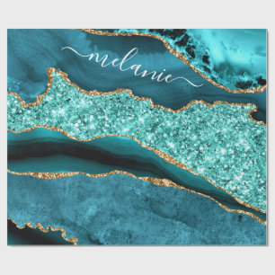 Teal Blue Gold Marble Custom Name Wrapping Paper
