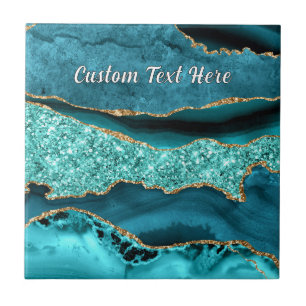 Teal Blue Gold Marble Custom Text Ceramic Tile