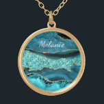 Teal Blue Gold Marble Necklace with Custom Name<br><div class="desc">Personalised Custom Name Text Necklaces with Agate Teal Blue Gold Glitter Marble Aqua Turquoise Geode Customisable Gift - Add Your Name / Text - Make Your Special Necklace Gifts ! Resize and move or remove / add text / elements with Customisation tool ! Choose font / size / colour !...</div>