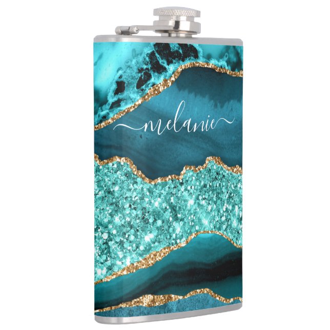 Teal Blue Gold Marble Turquoise Custom Name Flask (Right)