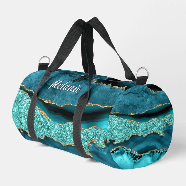 Teal Blue Gold Marble Turquoise with Custom Name Duffle Bag (Left Corner)