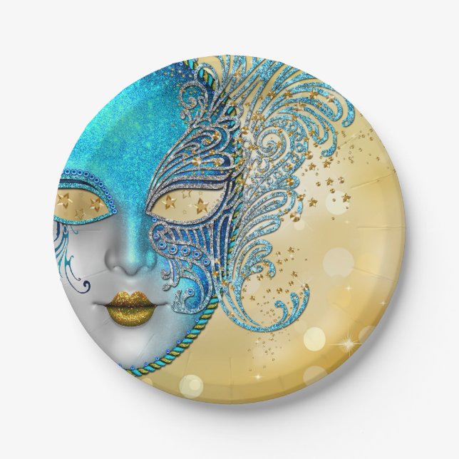 Teal Blue Gold Masquerade Party Paper Plate (Front)