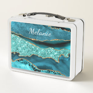 Teal Blue Gold Metal Lunch Box Personalised Name