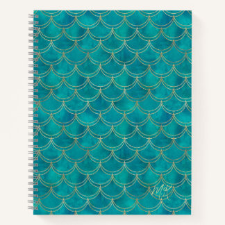 Teal Blue & Gold Monogram Mermaid Journal Notebook
