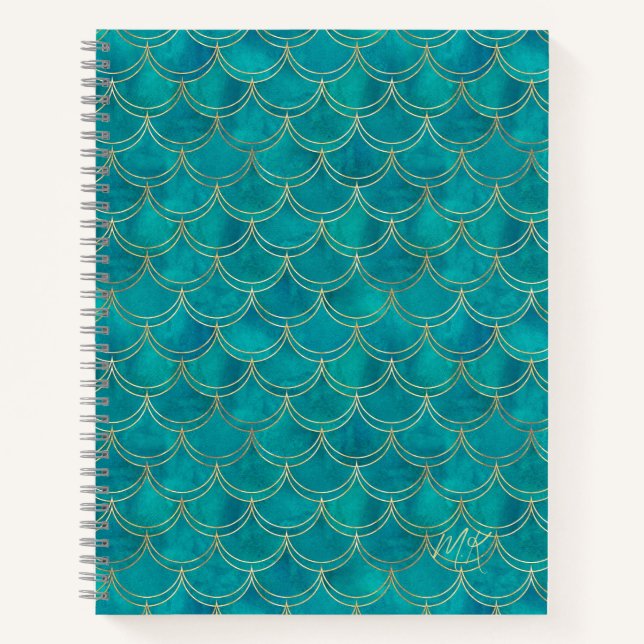 Teal Blue & Gold Monogram Mermaid Journal Notebook (Front)