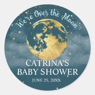 Teal Blue Gold Over the Moon Baby Shower Sticker