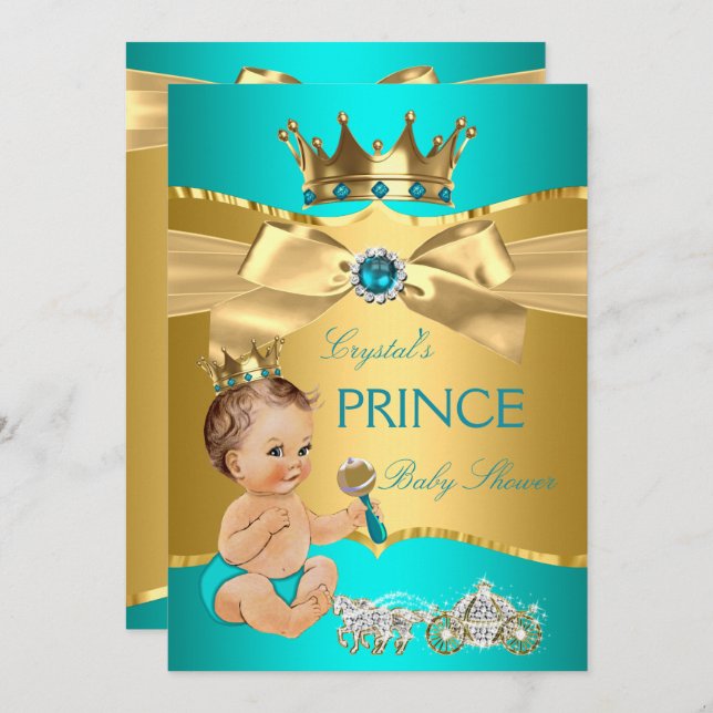 Teal Blue Gold Prince Baby Shower Brunette Boy Invitation (Front/Back)