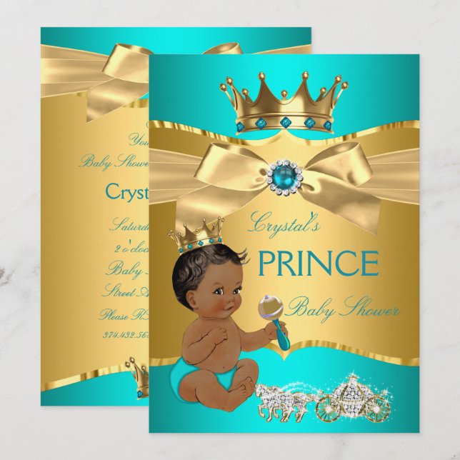 Teal Blue Gold Prince Baby Shower Ethnic Invitation (Front/Back)