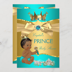 Teal Blue Gold Prince Baby Shower Ethnic Invitation