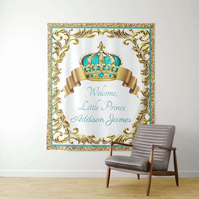 Teal Blue Gold Prince Baby Shower L Backdrop Tapestry (In Situ)