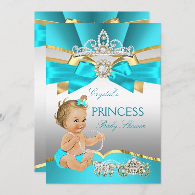 Teal Blue Gold Princess Baby Shower Blonde Invitation (Front/Back)