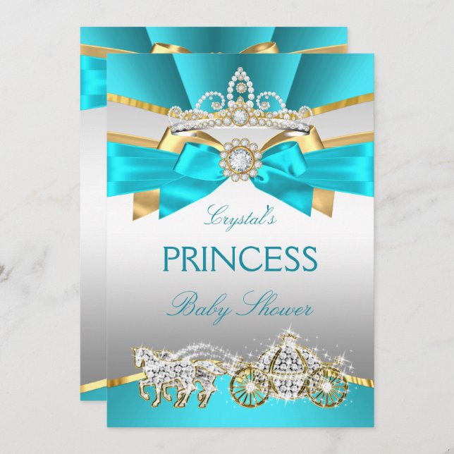 Teal Blue Gold Princess Baby Shower Carriage Invitation (Front/Back)