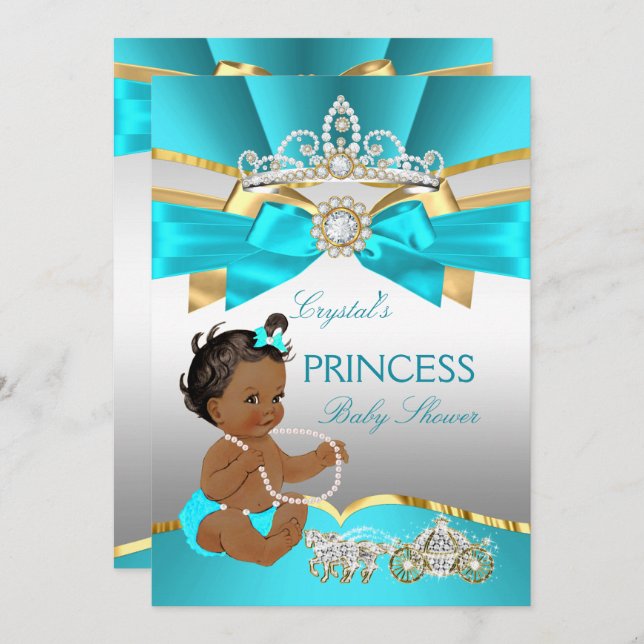 Teal Blue Gold Princess Baby Shower Ethnic Invitation (Front/Back)