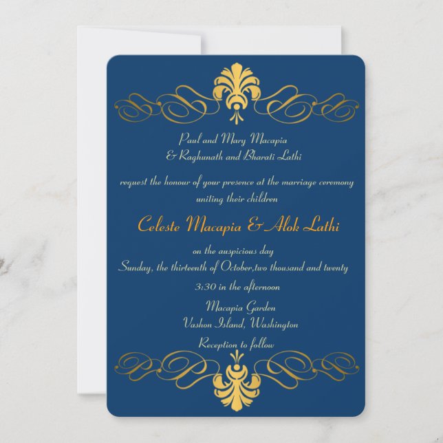 Teal Blue Gold Retro Ornate Indian Wedding Invites (Front)