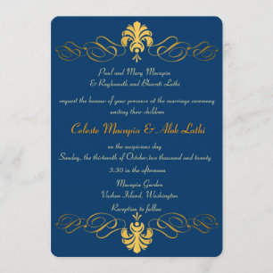 Teal Blue Gold Retro Ornate Indian Wedding Invites
