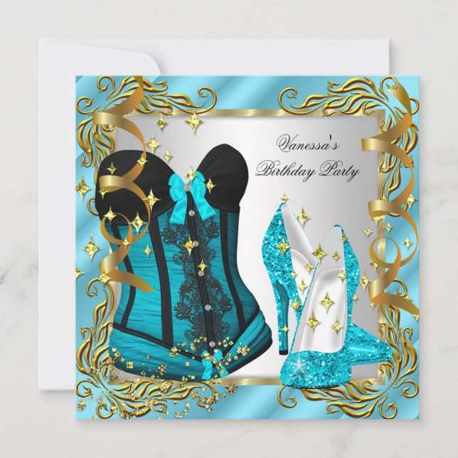Teal Blue Gold Silver Corset High Heel Party Invitation (Front)