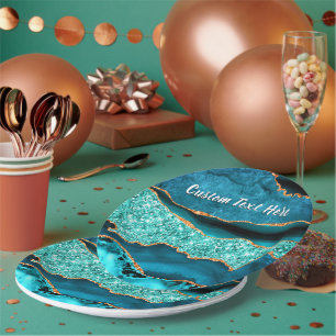 Teal Blue Gold Sparkly Custom Text Paper Plates