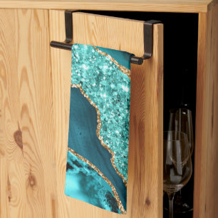 Teal Blue Gold Sparkly Turquoise Kitchen Towel