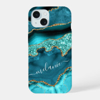 Teal Blue Gold Turquoise Custom Name iPhone Case