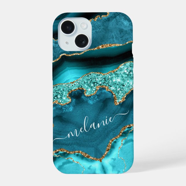 Teal Blue Gold Turquoise Custom Name iPhone Case (Back)