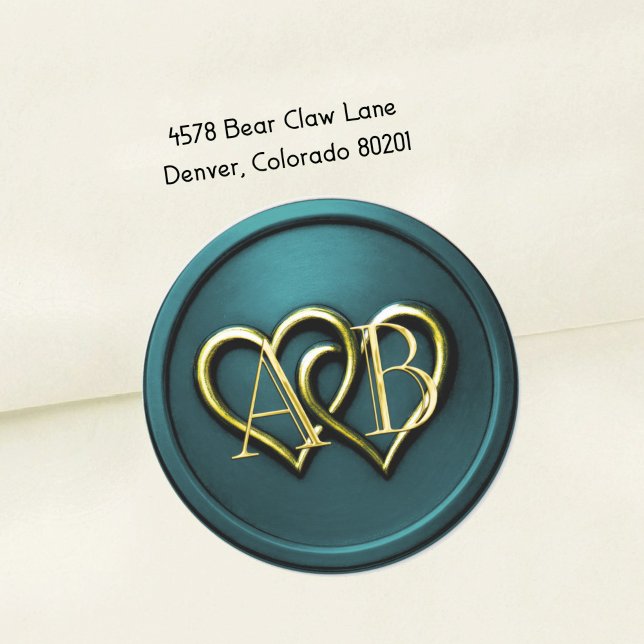 Teal Blue Gold Two Hearts Gold Monogram Classic Round Sticker (Creator Uploaded)