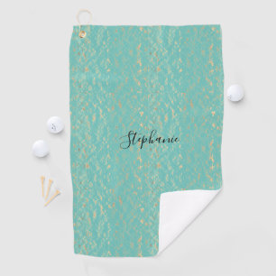 Teal Blue Gold Vintage Name Template Glittery Golf Towel