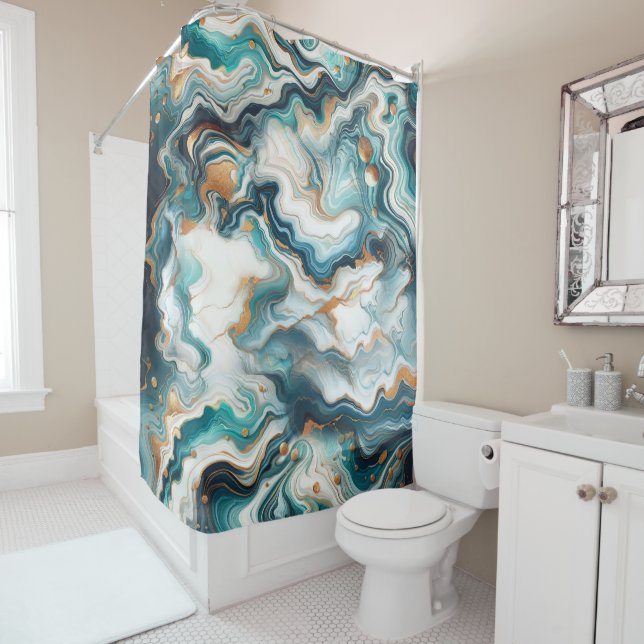 Teal Blue Gold White Modern Marble Agate  Shower Curtain (In Situ)