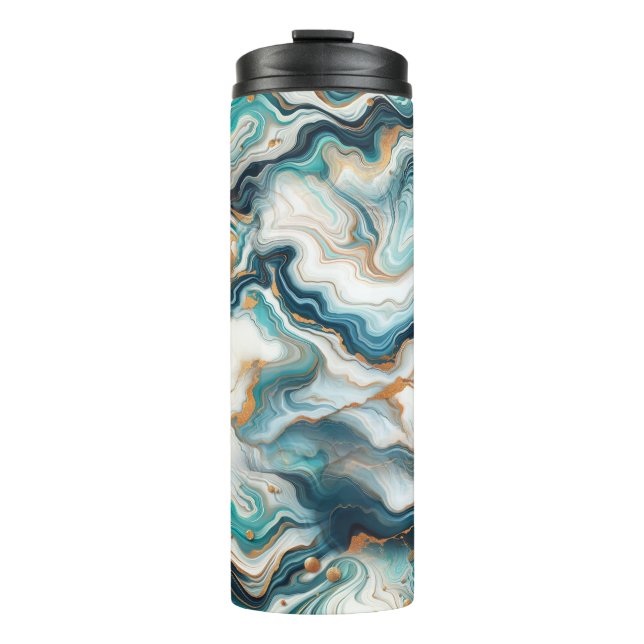 Teal Blue Gold White Modern Marble Agate  Thermal Tumbler (Front)