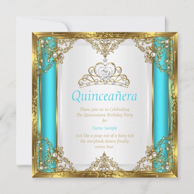 Teal Blue Gold White Pearl Princess Quinceanera Invitation (Front)