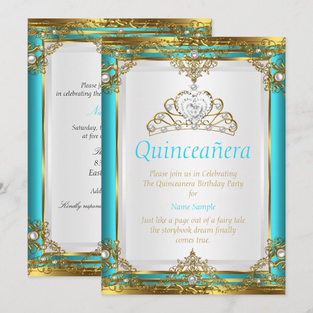 Teal Blue Gold White Pearl Princess Quinceanera Invitation (Front/Back)