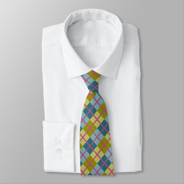 Teal Blue Gold Yellow Magenta Pattern Tie (Tied)