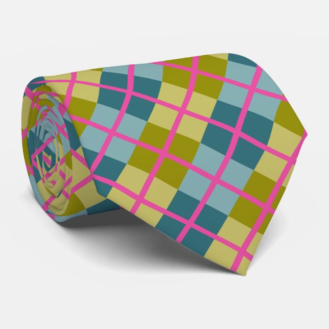 Teal Blue Gold Yellow Magenta Pattern Tie (Rolled)