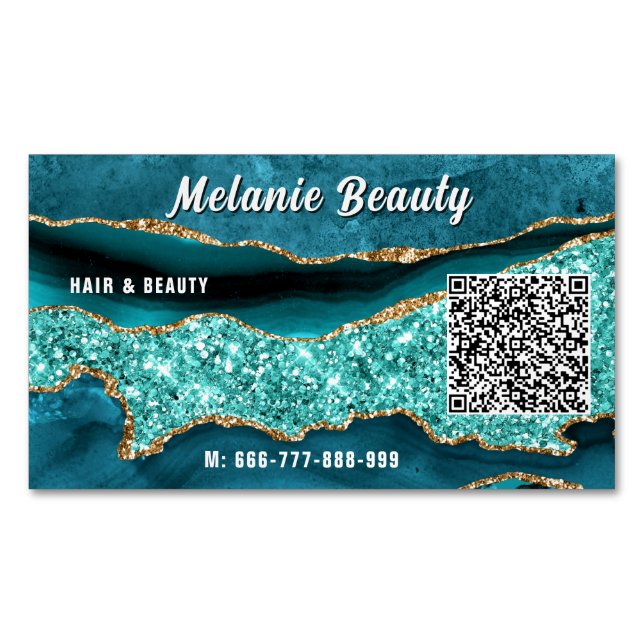 Teal Blue Gold Your QR Code Magnetic Business Card (Front)