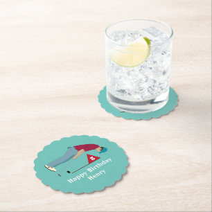 Teal Blue Golfer Putting Birthday Paper Coaster