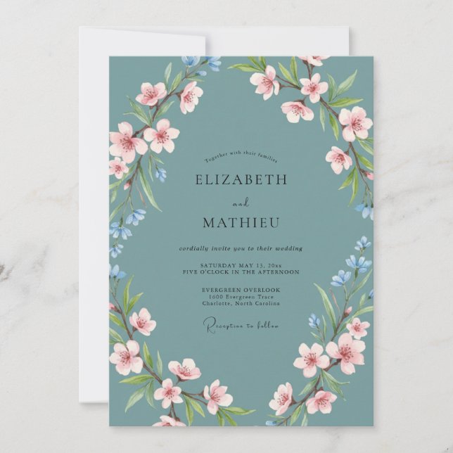 Teal Blue Graceful Blossom Wedding Invitation (Front)