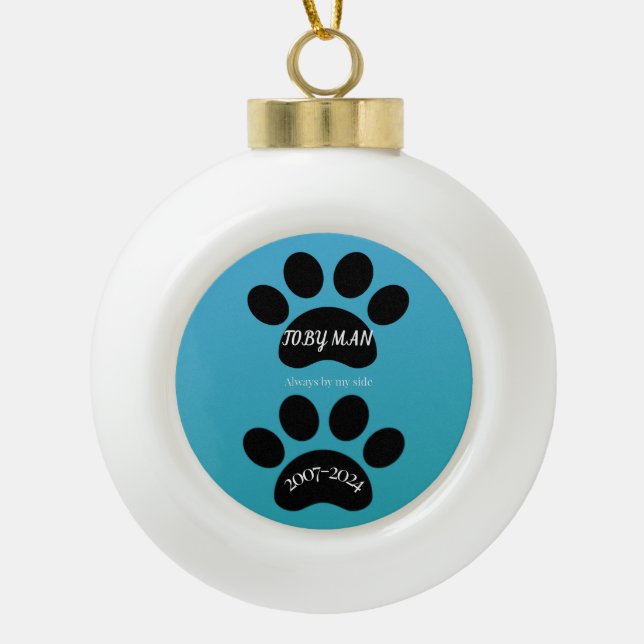 Teal Blue Gradient Paw Print Remembrance Ceramic Ball Christmas Ornament (Front)
